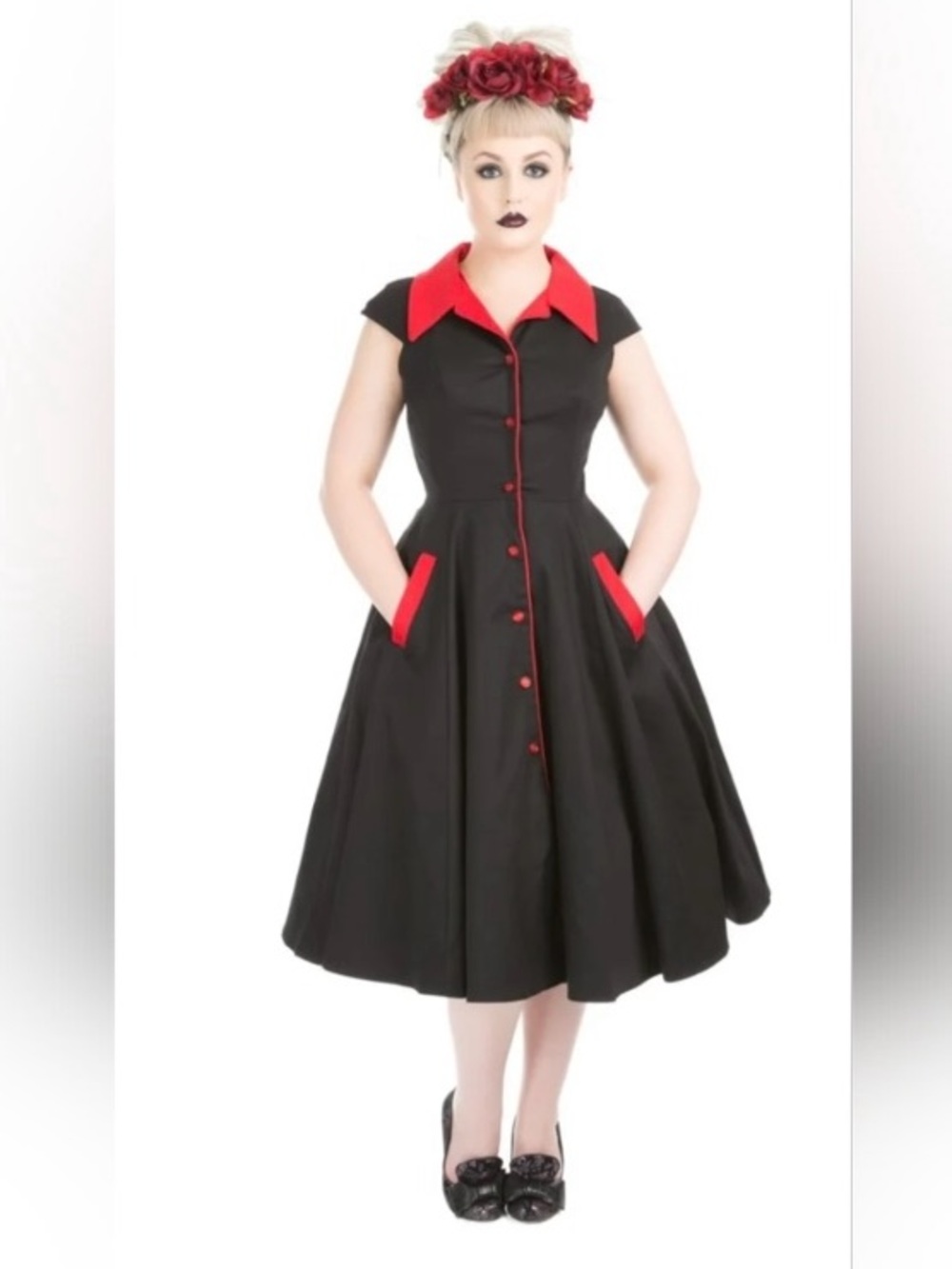 Vintage-Inspired Black Dress with Red Trim
